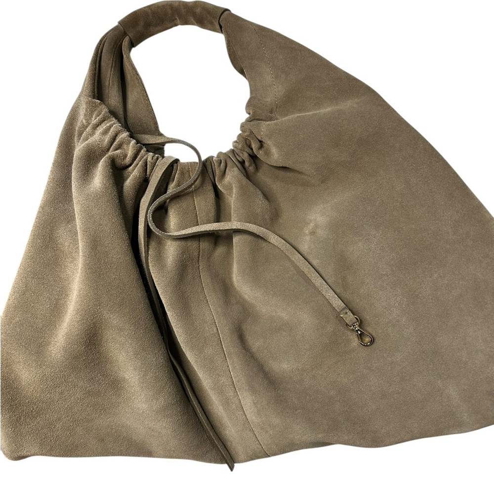 Closed Golden Wood Suede Hobo Bag Slouchy Minimalist Luxury Shoulder Bag - Picture 9 of 16
